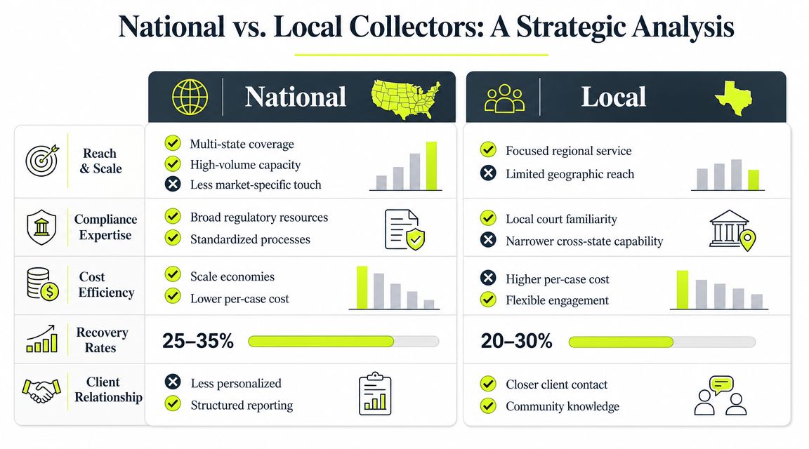 A comparison chart showing the strategic pros and cons of national versus local debt collection agencies.