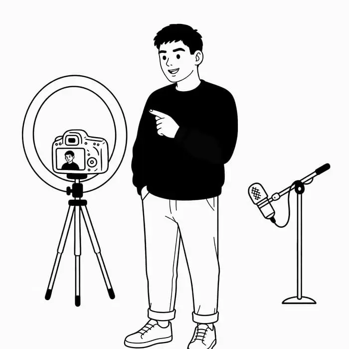 Person recording video content with a camera, ring light, and microphone setup.