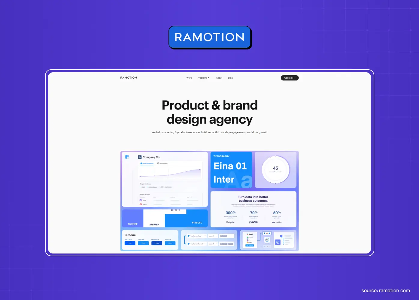 Homepage of Ramotion highlighting product and brand design services with examples of digital product interfaces.