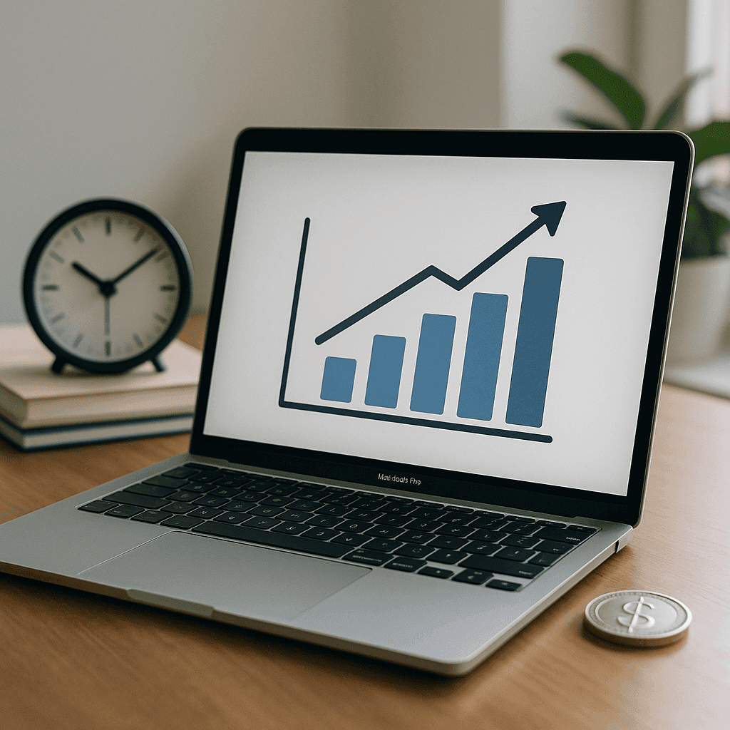 Laptop displaying a rising bar chart on a wooden desk with a clock, books, and a dollar coin, symbolizing time and cost efficiency in a bright office setting.
