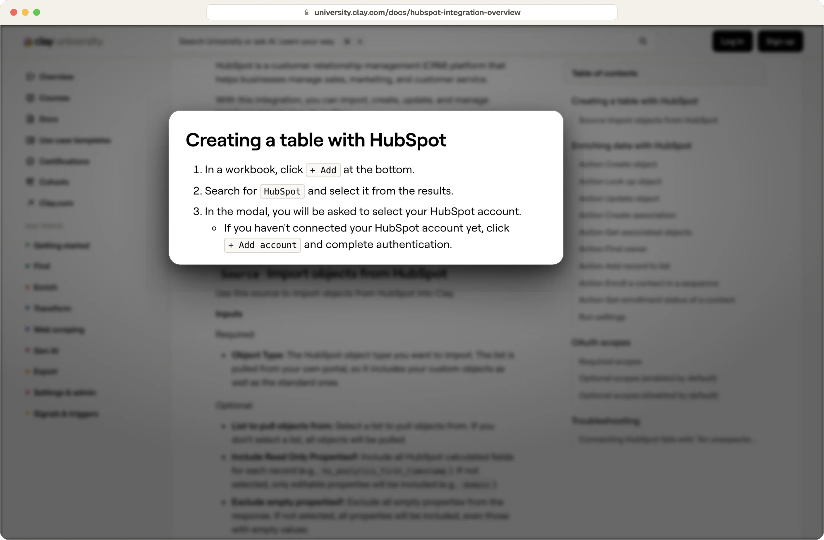 Clay documentation steps for creating a table with HubSpot and adding a HubSpot account