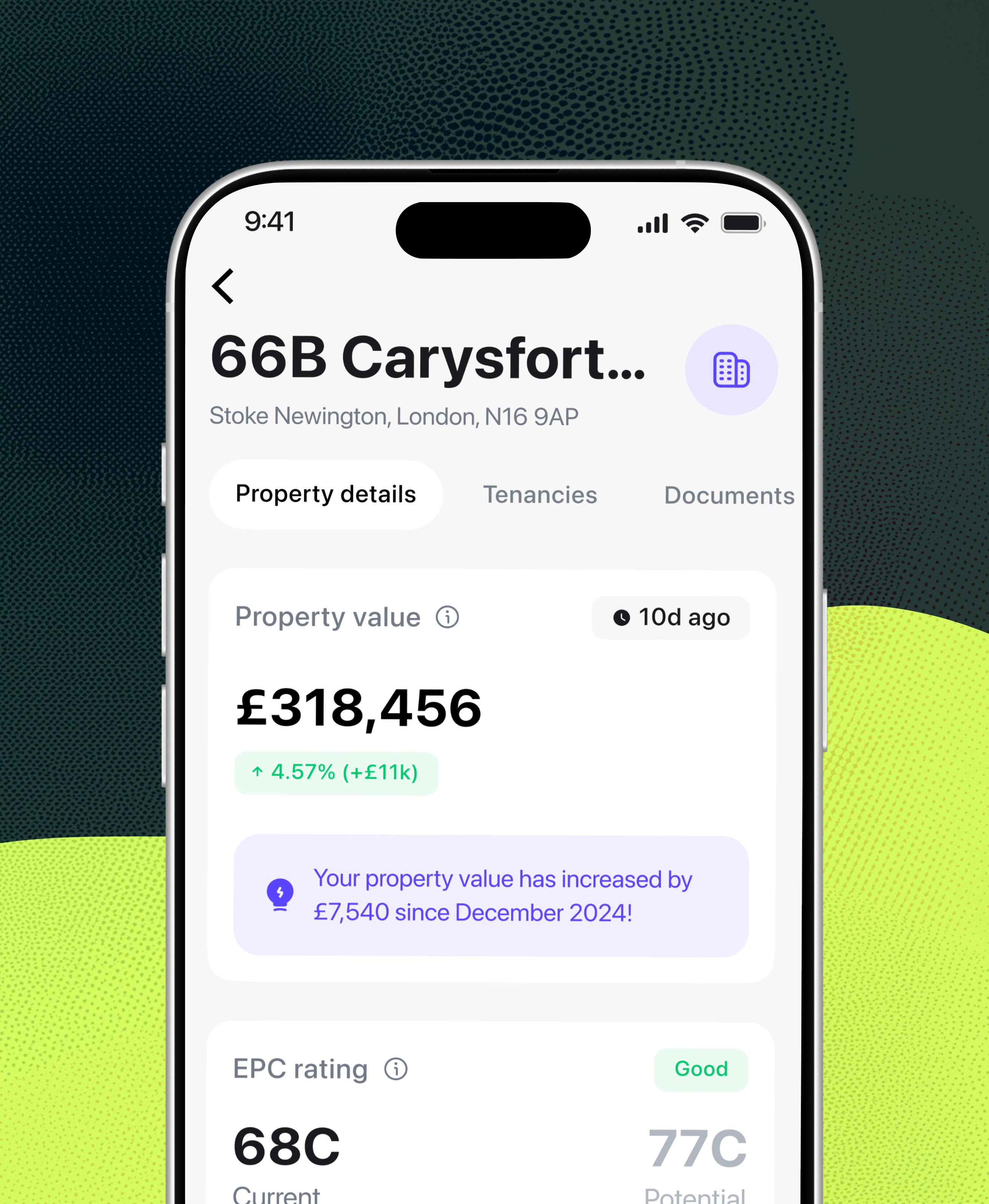 August property insights dashboard for UK landlords showing estimated property value of £318,456, EPC rating, and property details for a rental property in London
