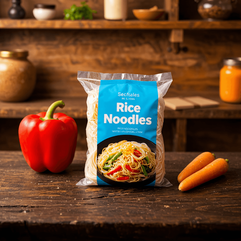 product photography of a package of rice noodles