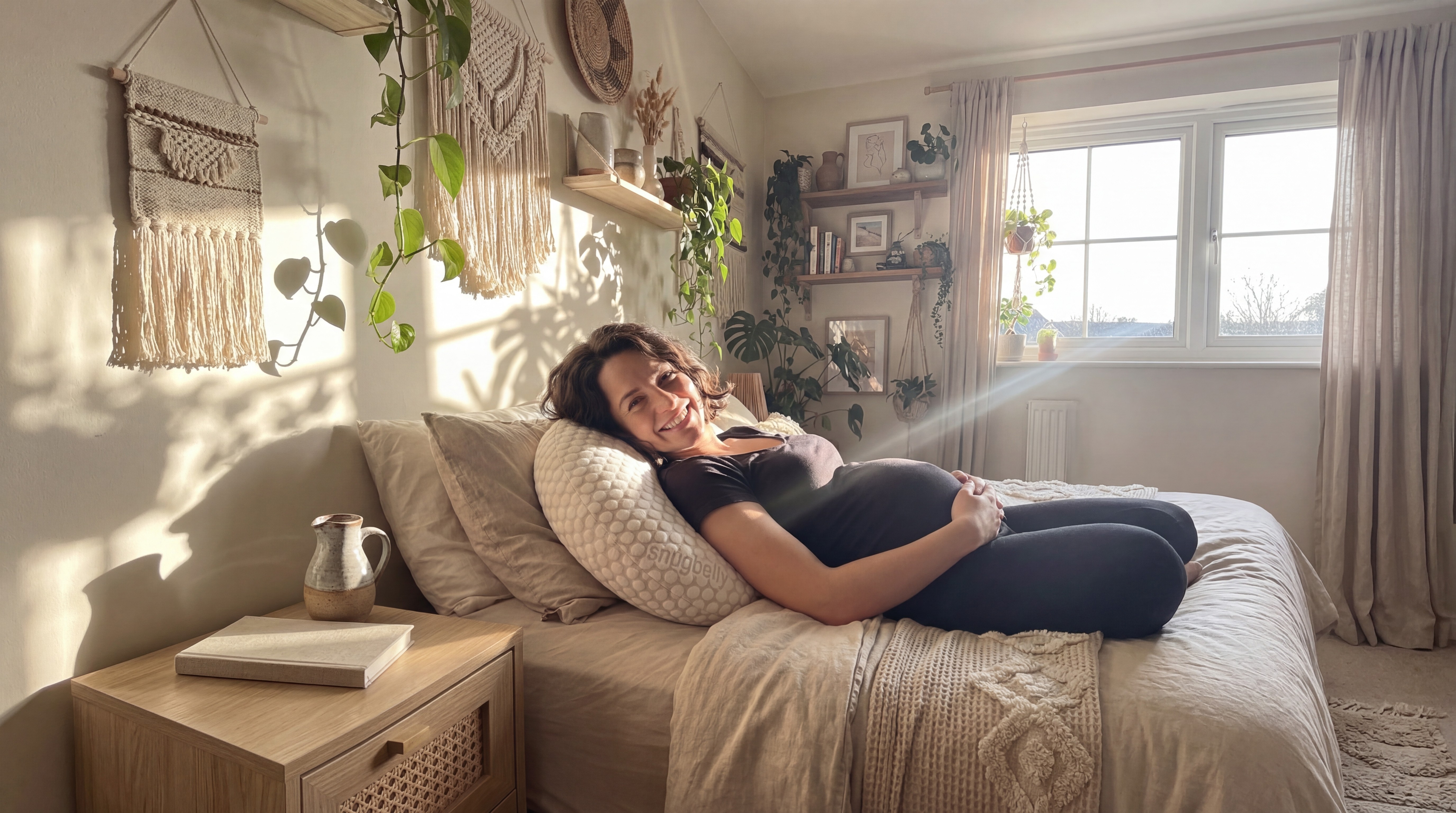 KI-generiertes weibliches Model entspannt sich auf einem Bett mit ergonomischem Snugbally Kissen in einem warmen, lichtdurchfluteten Schlafzimmer mit Pflanzen und Boho-Dekor – photorealistischer AI-Lifestyle-Content für Schlaf- und Wellness-Produkte