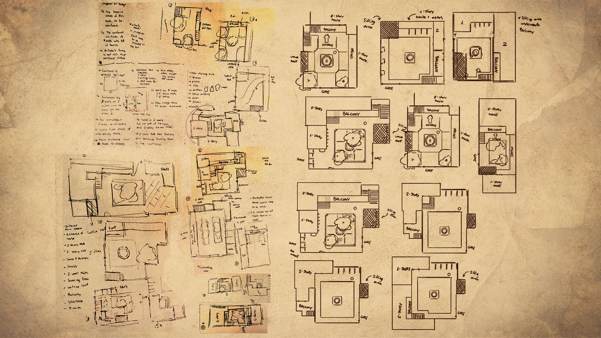 Courtyard layout exploration (iteration sketches)
