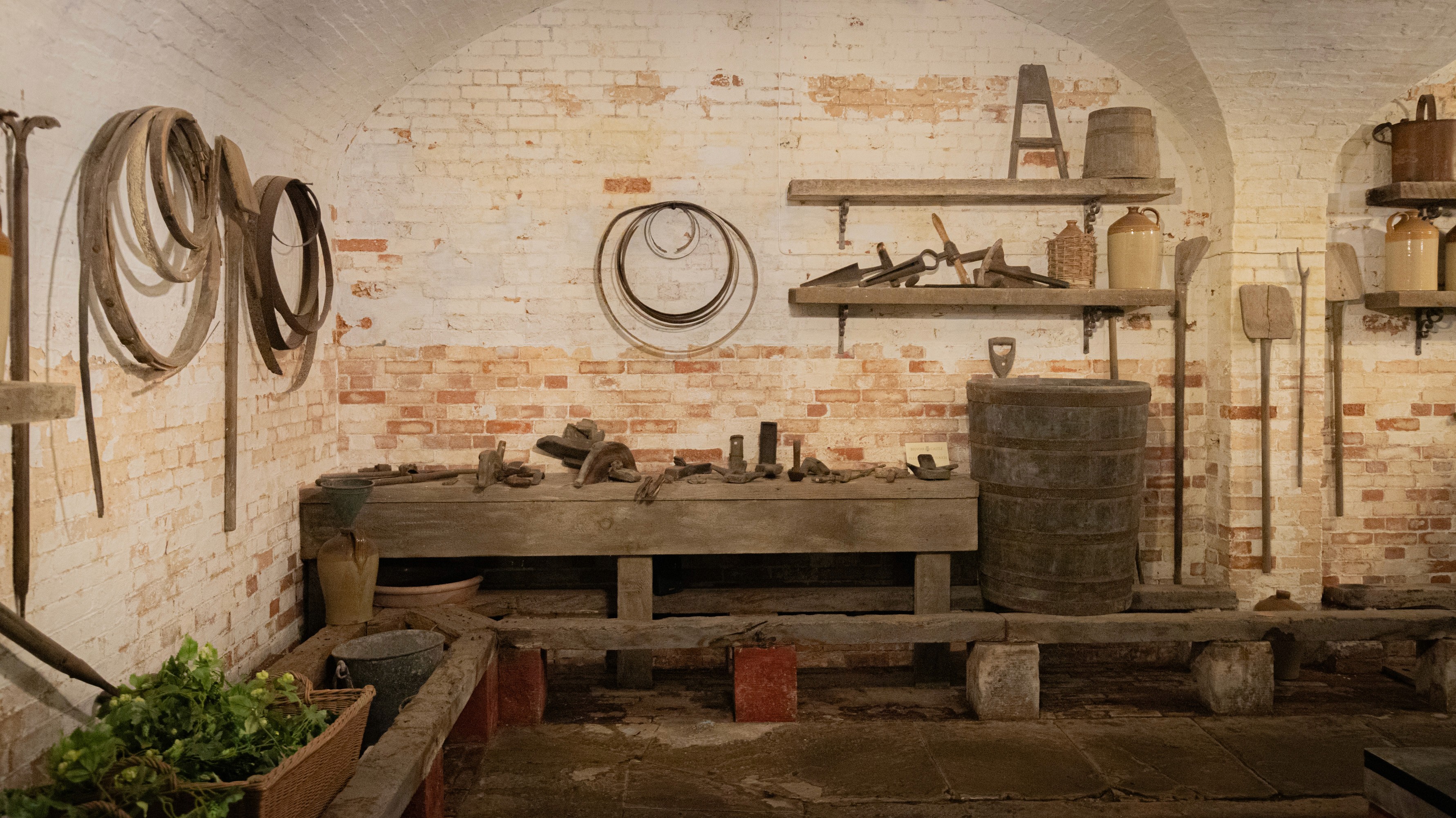 Two classic volkswagen beetles, one green, one cream.