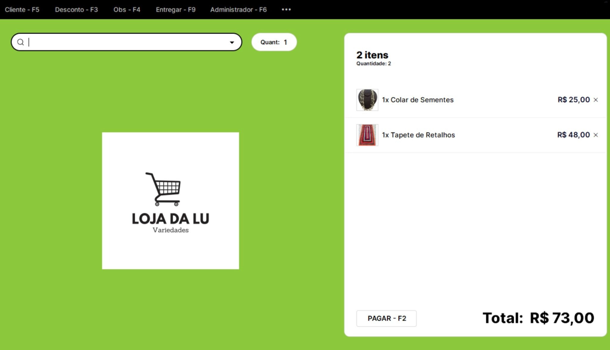 Tela de PDV do Nex com fundo verde personalizado e logotipo “Loja da Lu”, exibindo carrinho com dois itens e resumo da venda.