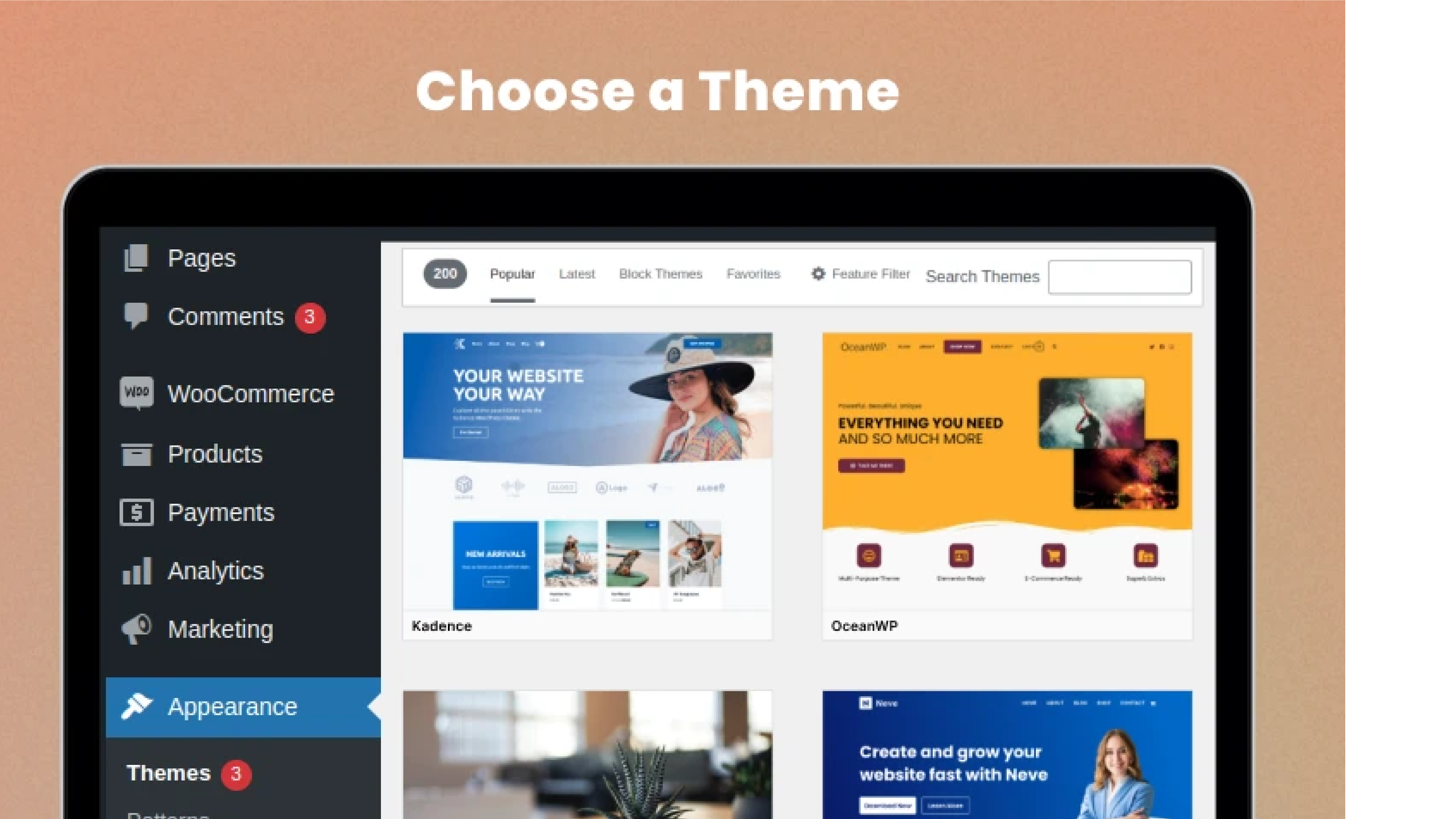 WordPress dashboard showing theme selection and website customization options