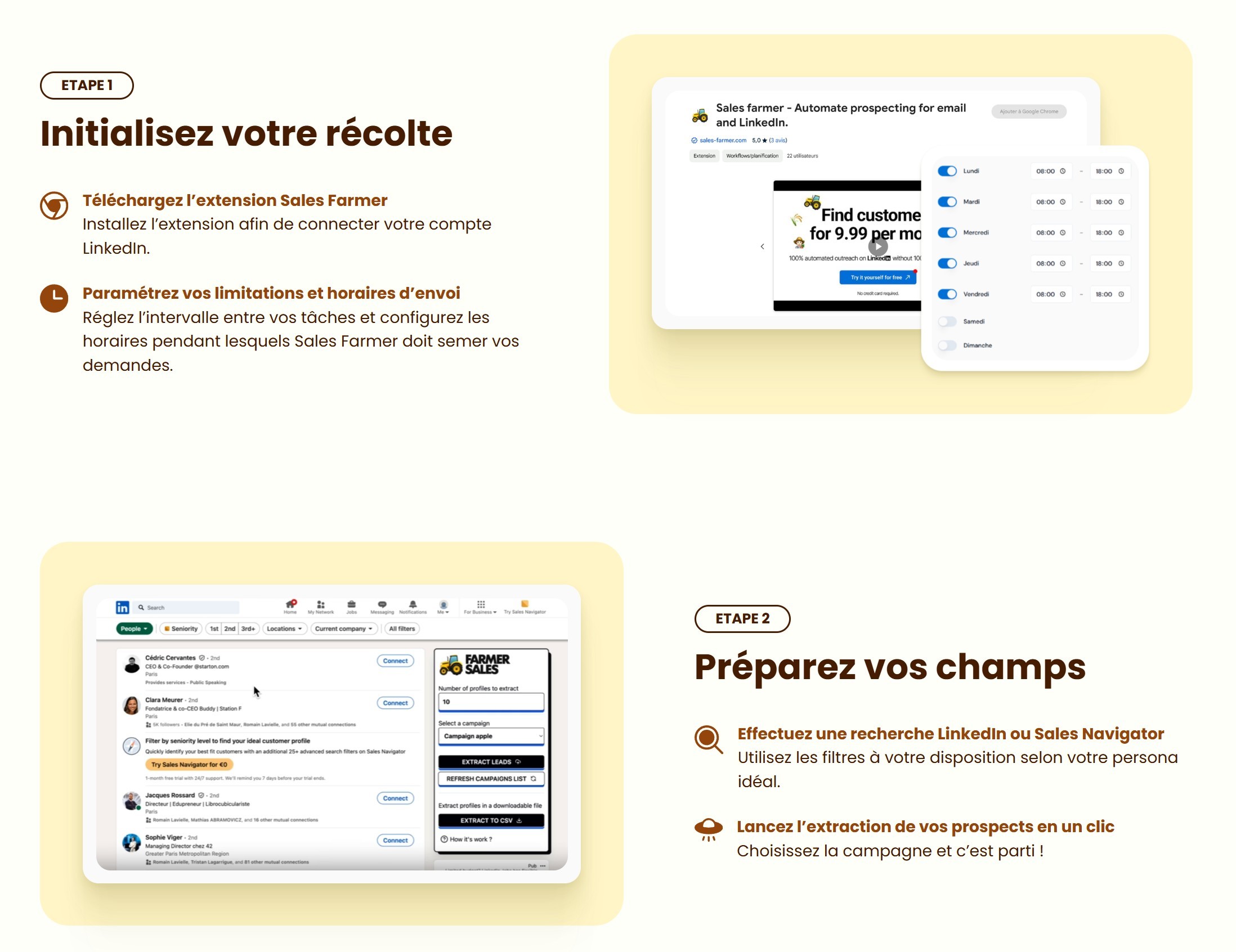 section étapes 1 et 2 landing page sales farmer
