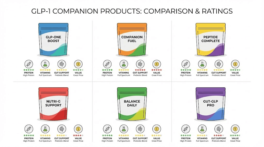 GLP-1 companion supplement brand comparison chart showing Nature Made, DaVinci Labs, DietWorks, Codeage, Herbalife, and WelleCo
