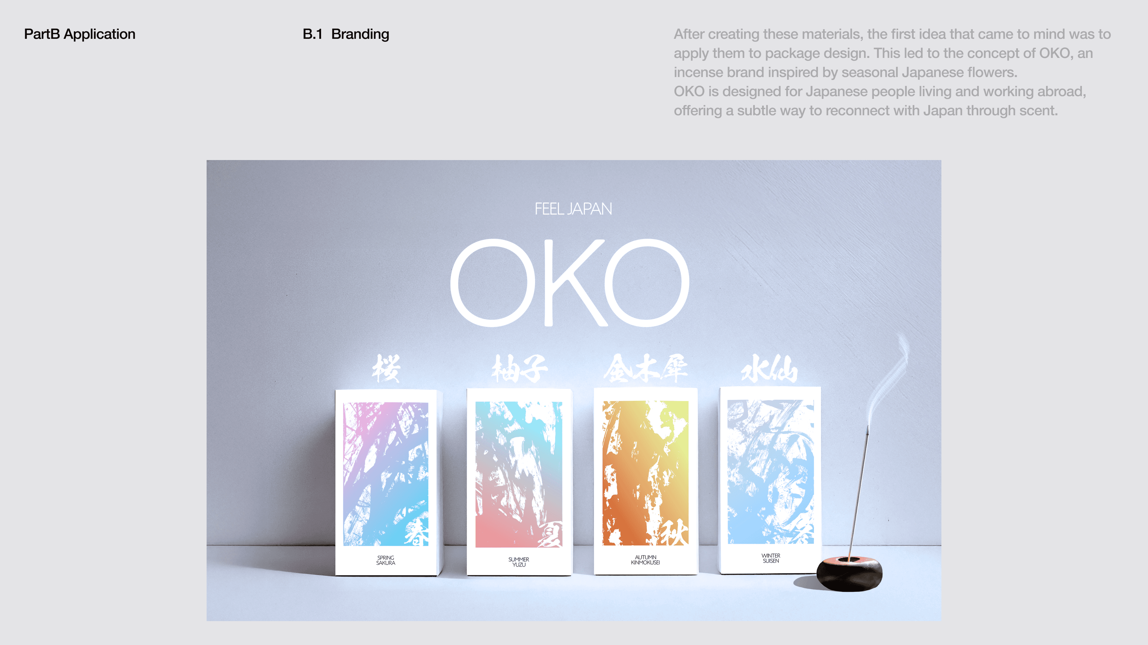 After creating these materials, the first idea that came to mind was to apply them to package design. This led to the concept of OKO, an incense brand inspired by seasonal Japanese flowers.  OKO is designed for Japanese people living and working abroad, offering a subtle way to reconnect with Japan through scent.
