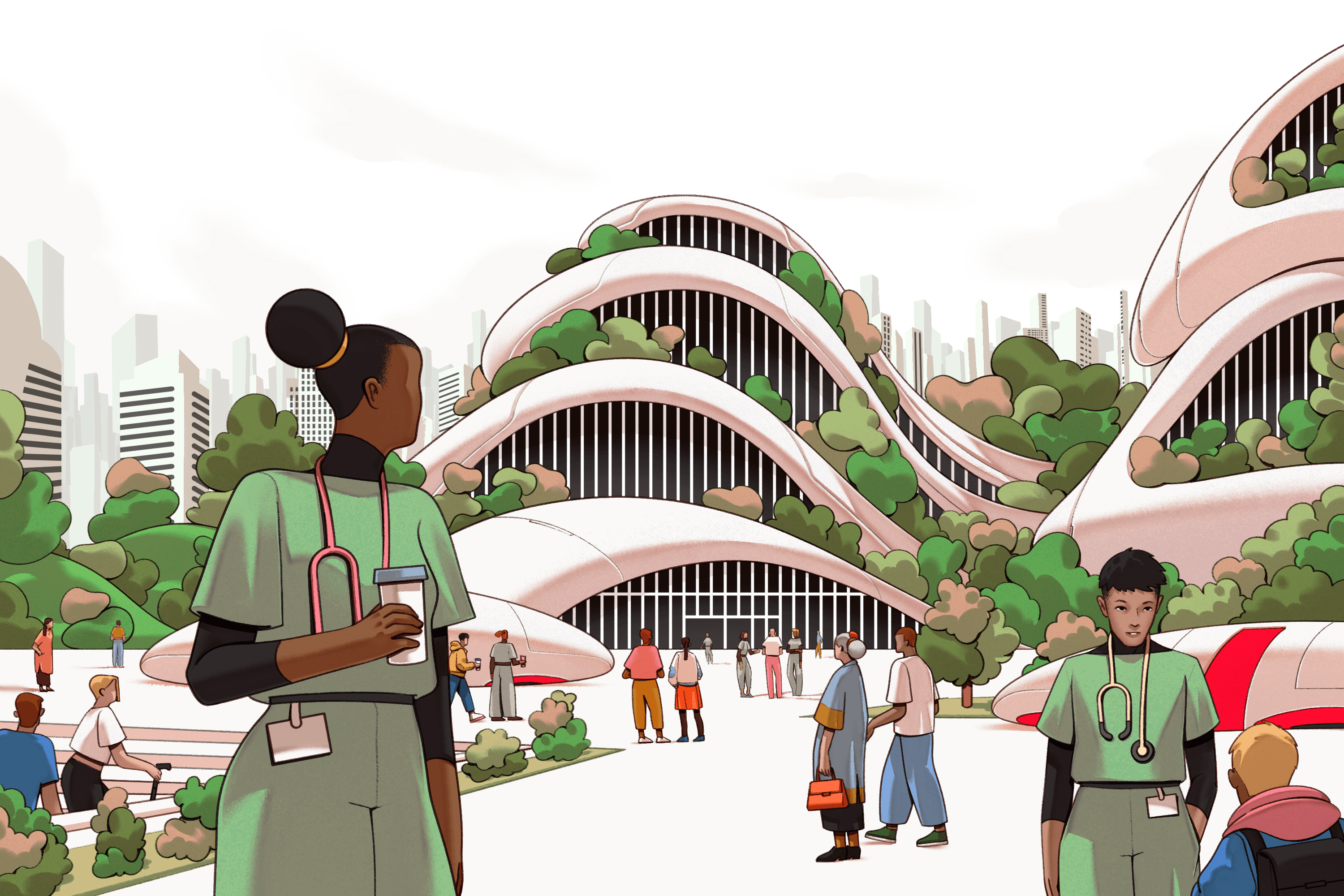 A illustration depiction of doctors, nurses, and patients walking in front of a futuristic hospital. The exterior showcases sustainable architecture and abundant greenery.