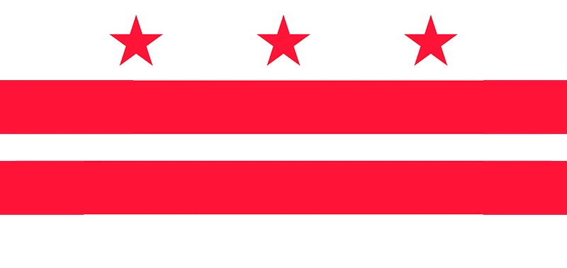 The image shows the flag of Washington D.C., featuring three red stars above two horizontal red stripes on a white background, symbolizing unity and balance.