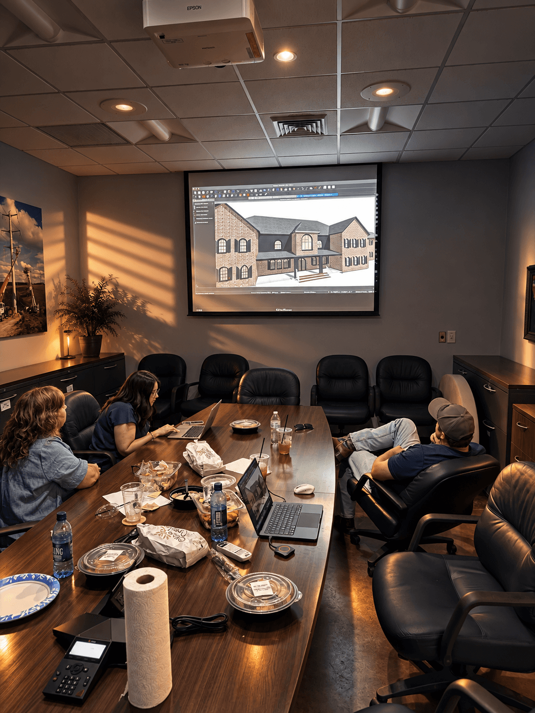 SDH process: Group meeting with a home design on screen