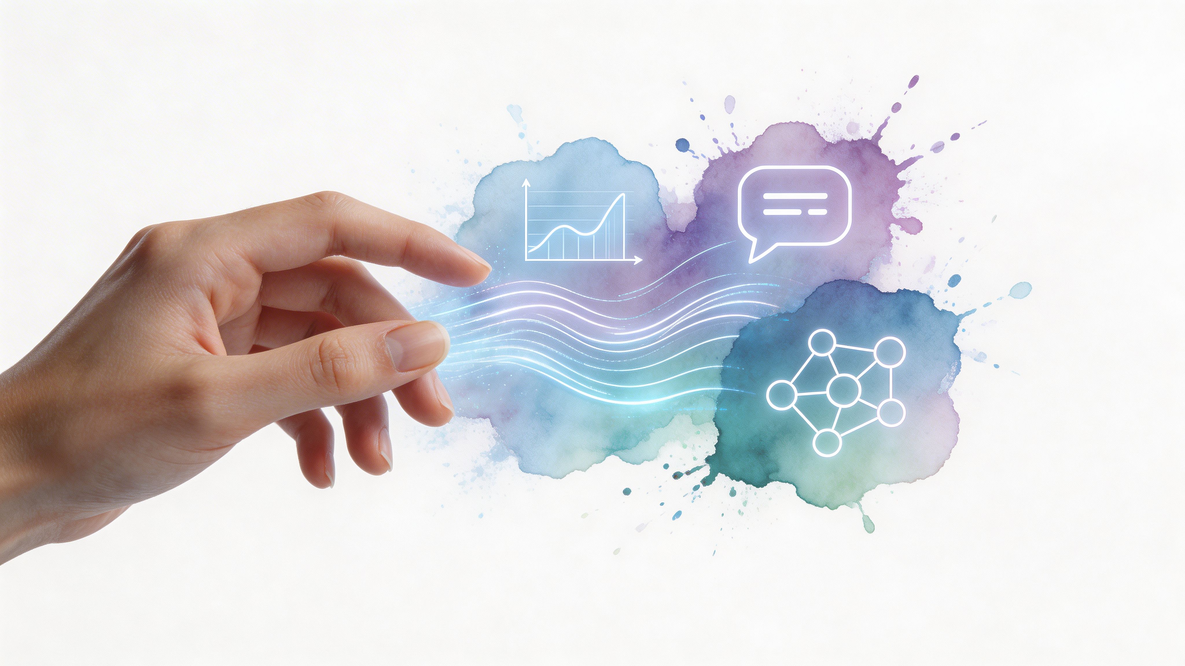 A human hand reaching toward digital icons representing data analytics, communication, and networking over watercolor graphics.