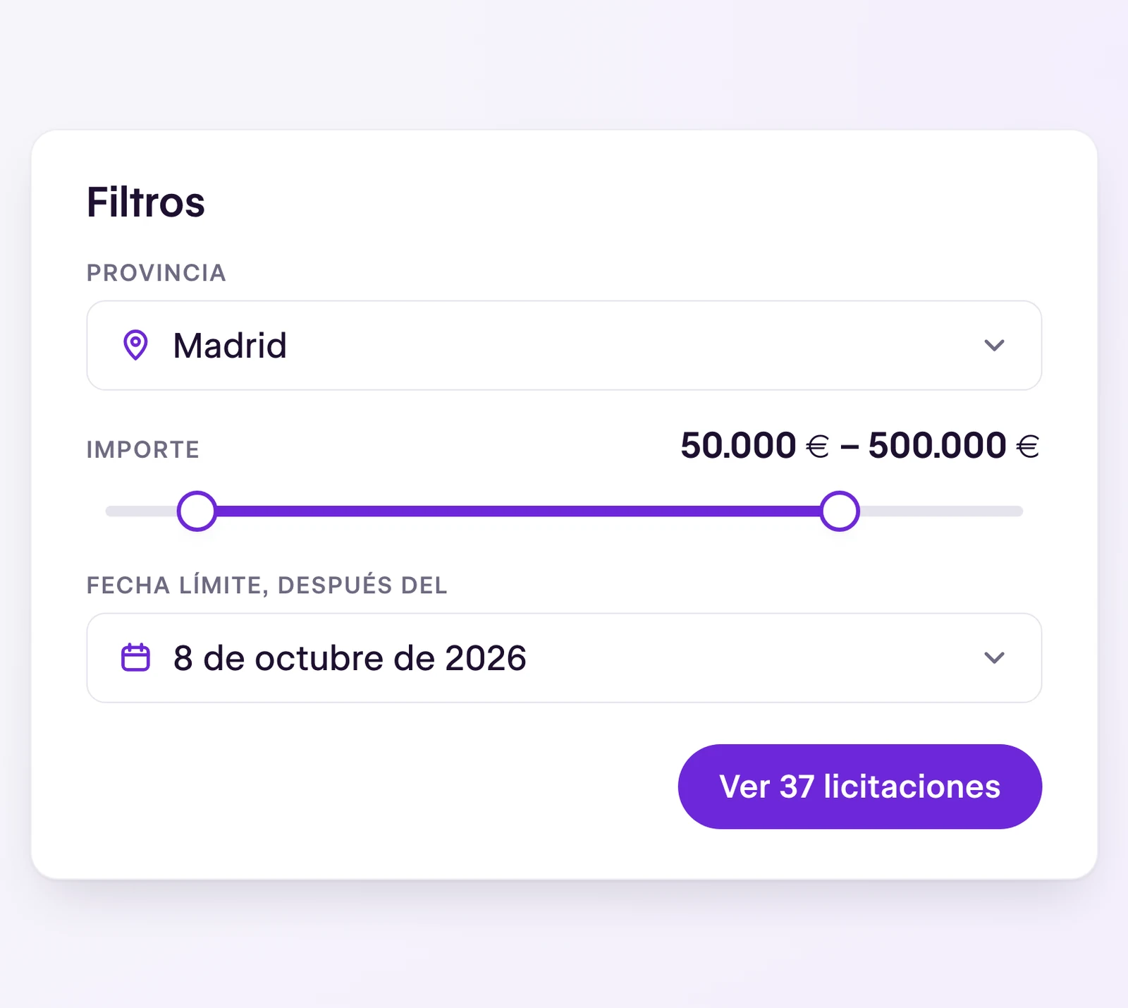 Panel de filtros con la provincia de Madrid, un deslizador de importe entre 50.000 y 500.000 € y la fecha límite
