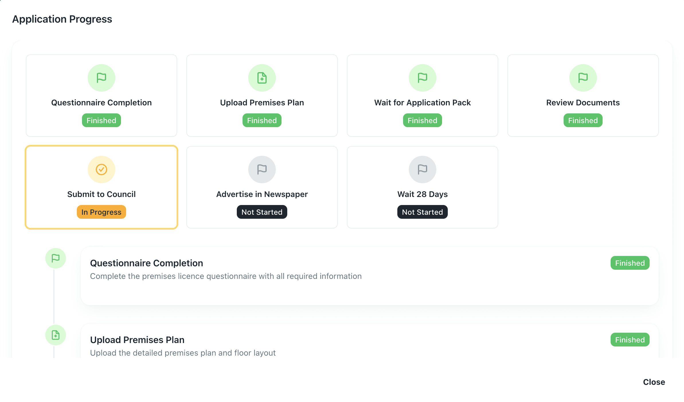 User interface screenshot showing step-by-step progress in Barnab application flow.