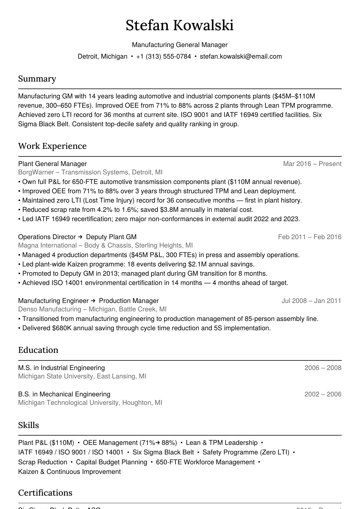 Manufacturing general manager resume example