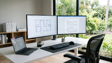 Office space with a large desk, two monitors, laptop, and office chair.