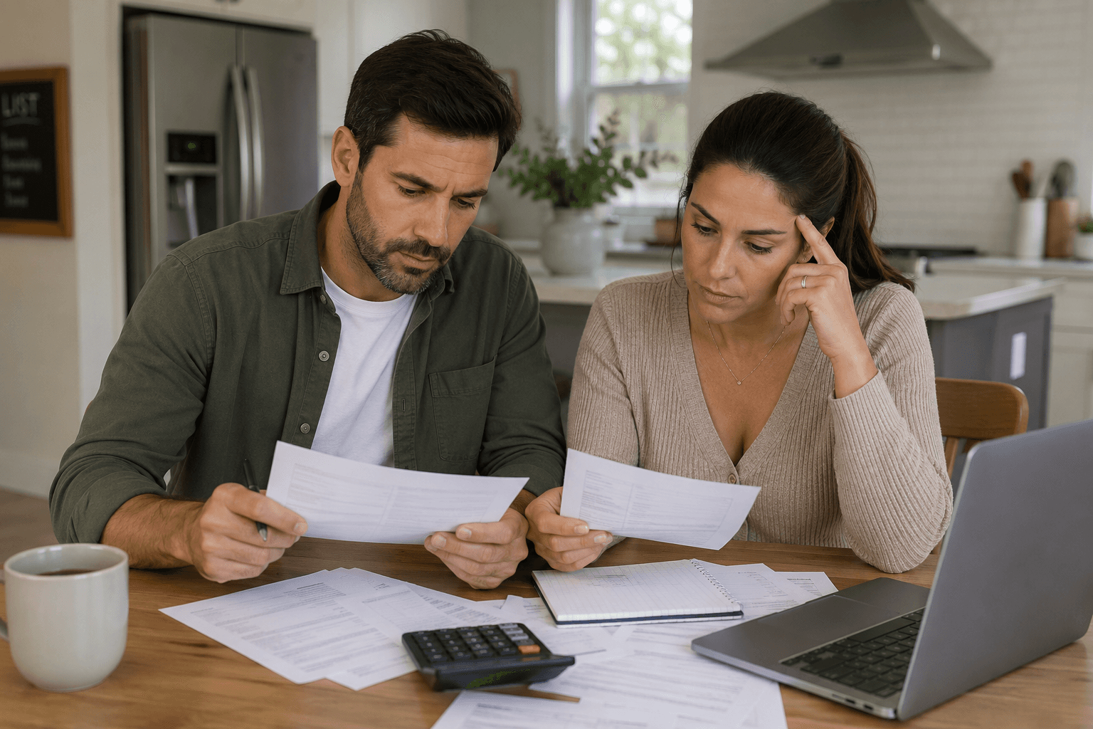 Parents reviewing autism financial assistance paperwork at the kitchen table with their child