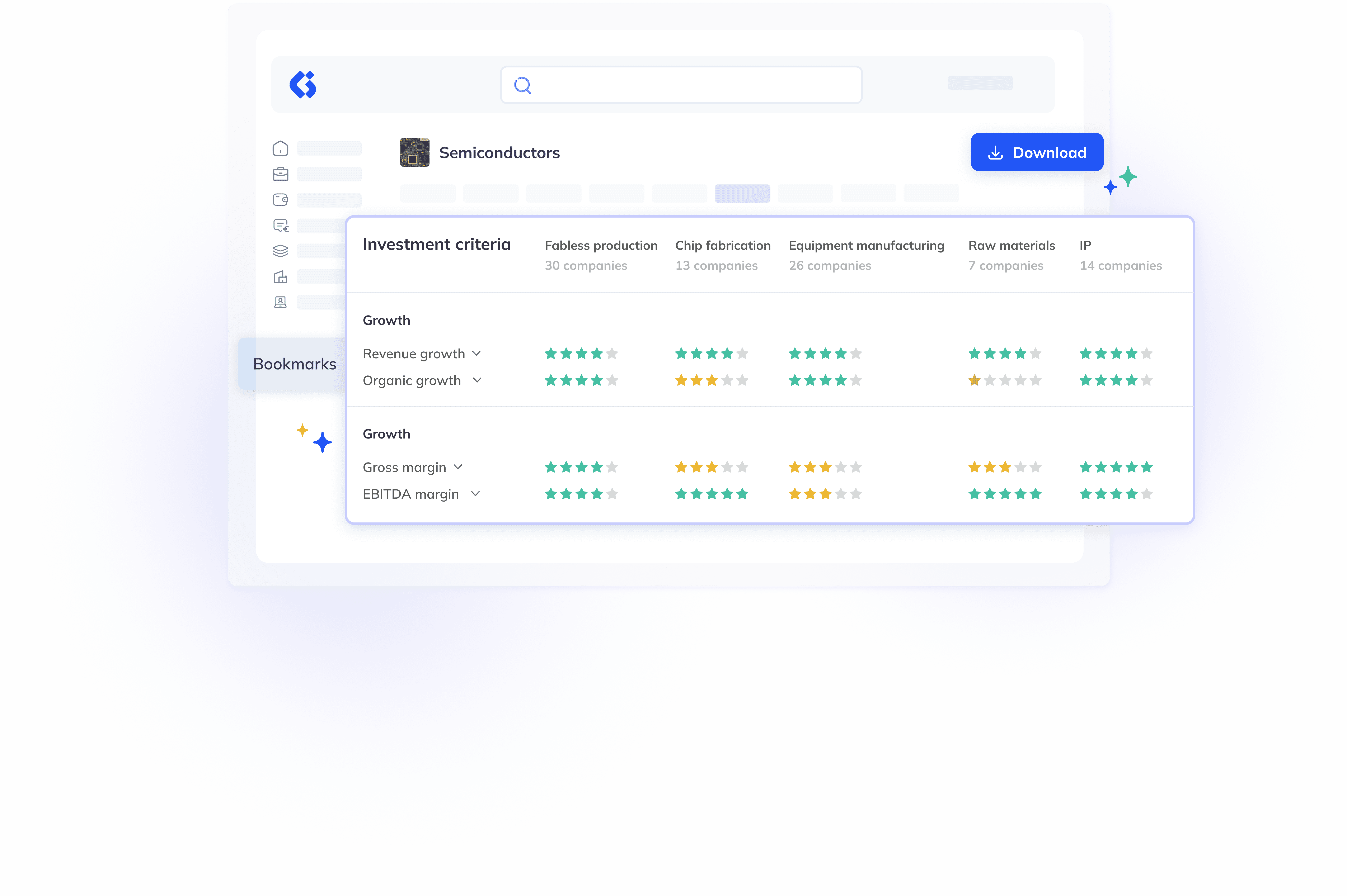 Investment research dashboard showing semiconductor industry segments with company counts and star ratings for growth, revenue, organic growth, gross margin, and EBITDA margin, alongside a download button and bookmarks menu.