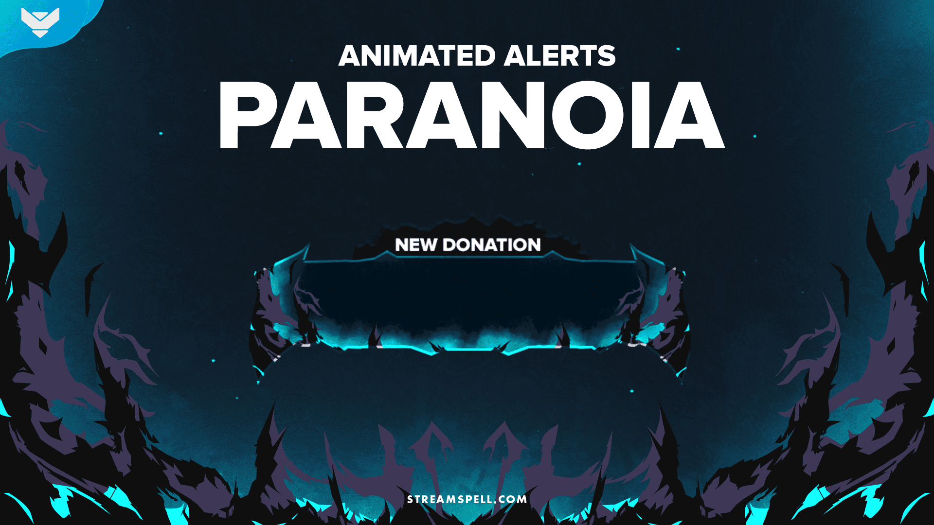 Paranoia animated stream alerts by StreamSpell — dark and dramatic overlay with blue fire effects, inspired by Valorant's Omen aesthetic. Includes animated alerts like new donation. Ideal for FPS or dark-themed Twitch streams. Compatible with OBS Studio and Streamlabs