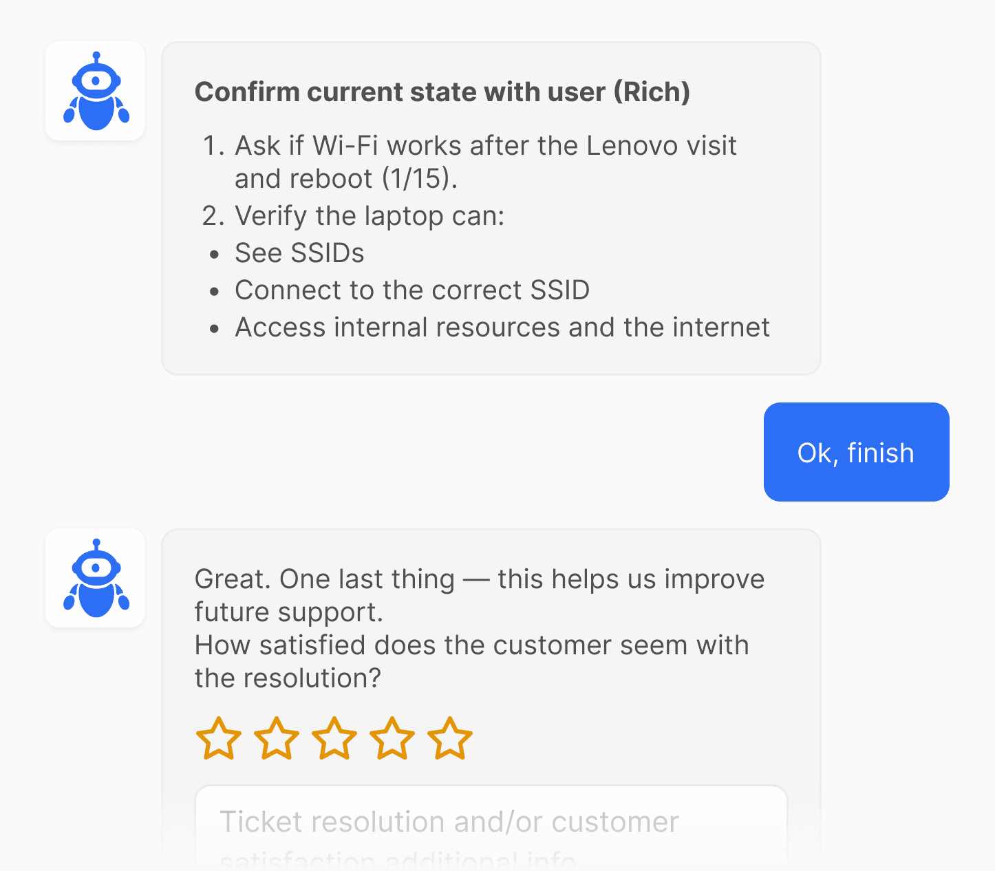 AI assistant guiding a technician through a support ticket and resolution steps.
