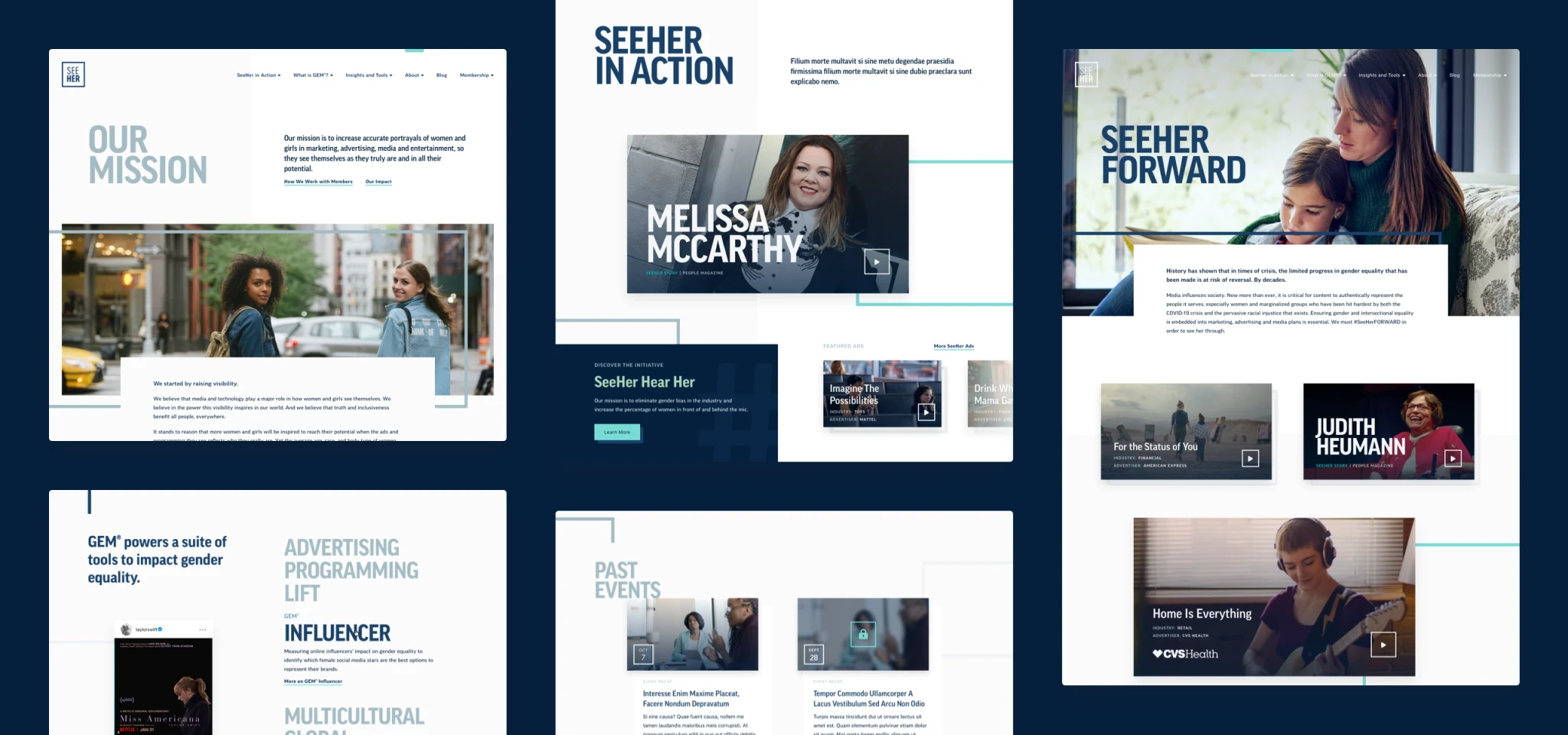 Featured page layouts from the SeeHer website.