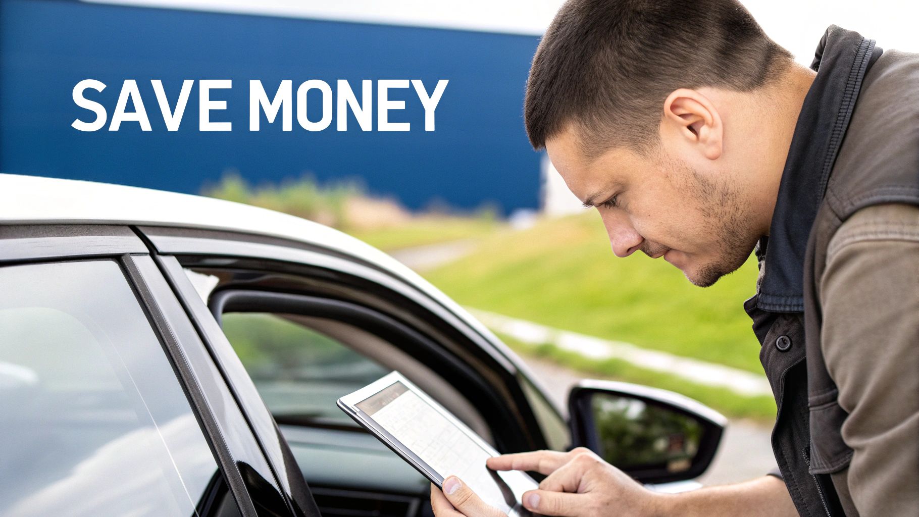 A stack of dollar bills and coins next to a car key, symbolizing savings on auto repairs.