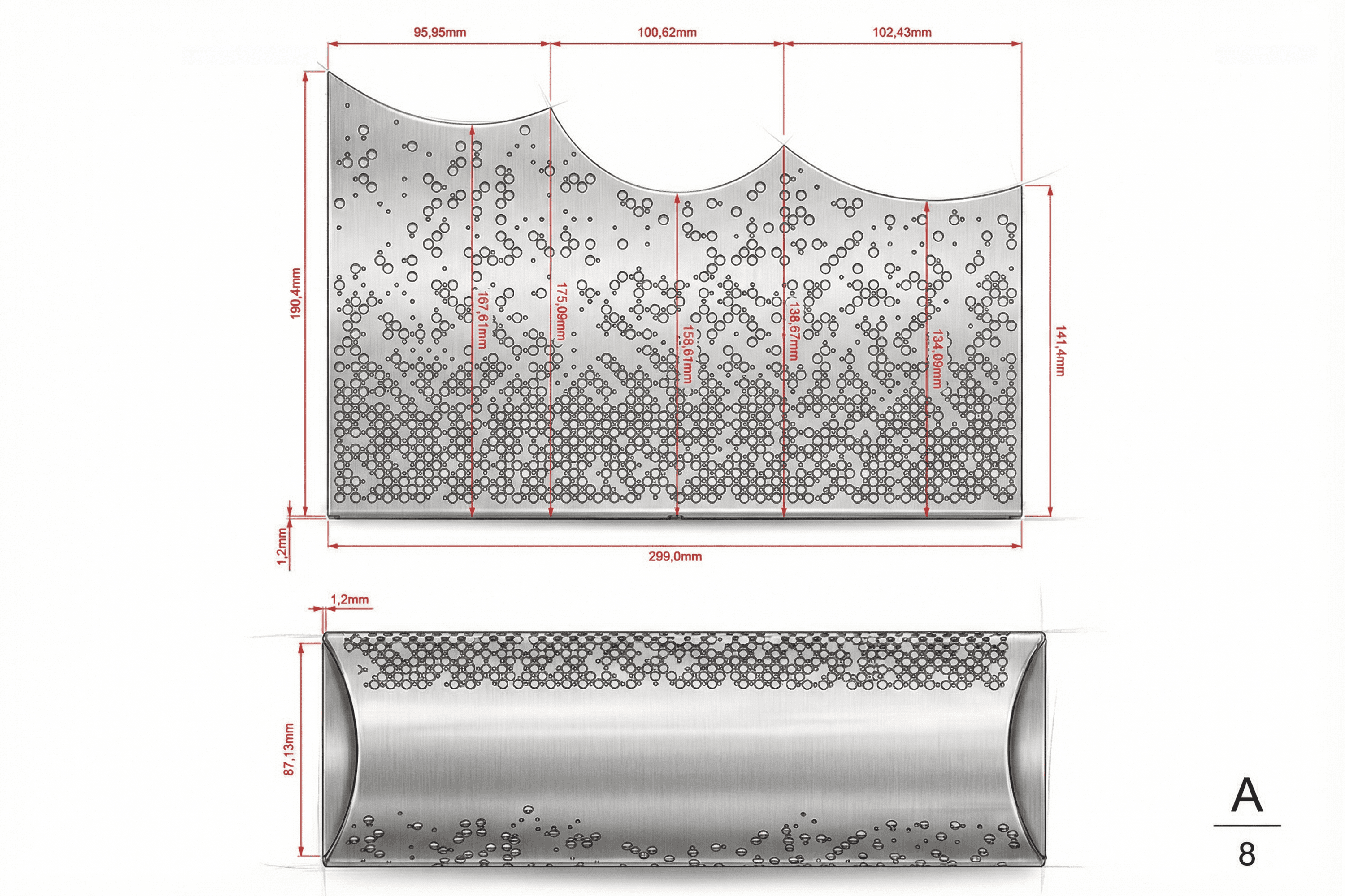 Technical drawing of metal object with dimensions and patterns.