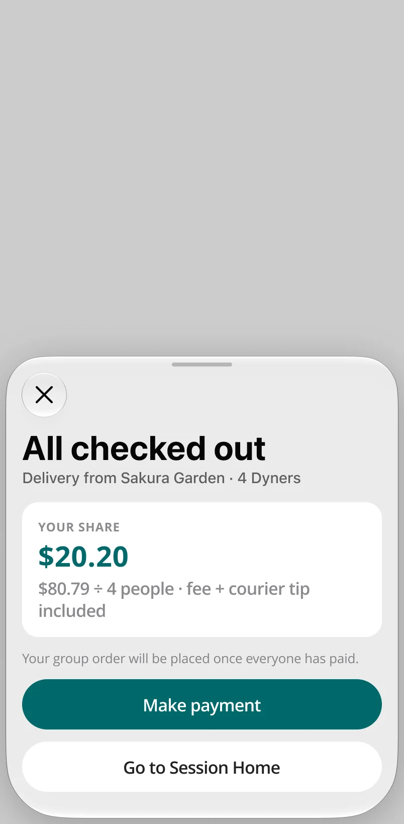 Split evenly after everyone has checked out: your share $20.20, the $80.79 order divided by four people, fee and courier tip included.