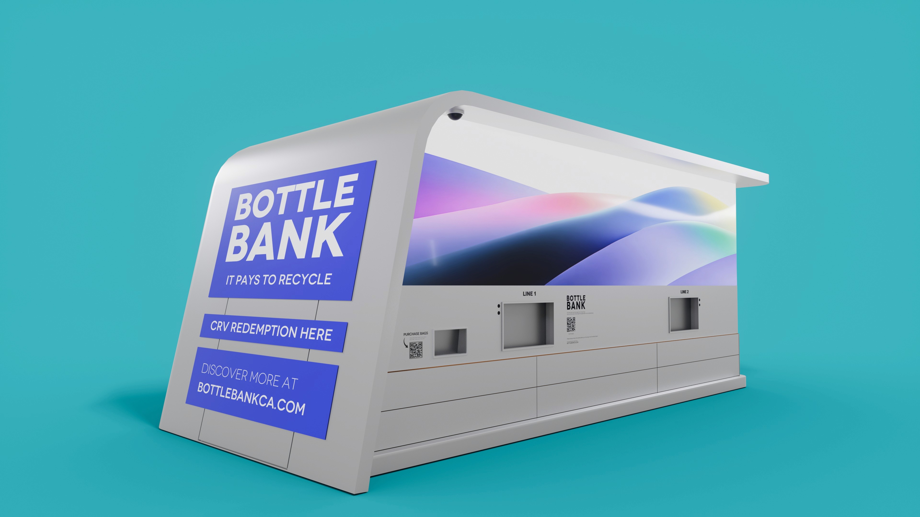 the Bottle Bank Drop Bin in front of a turquoise background