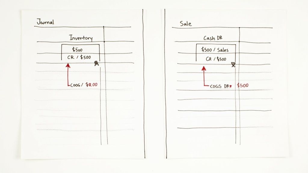 Hand-drawn accounting journal entries showing inventory, sales, cash, and COGS transactions.