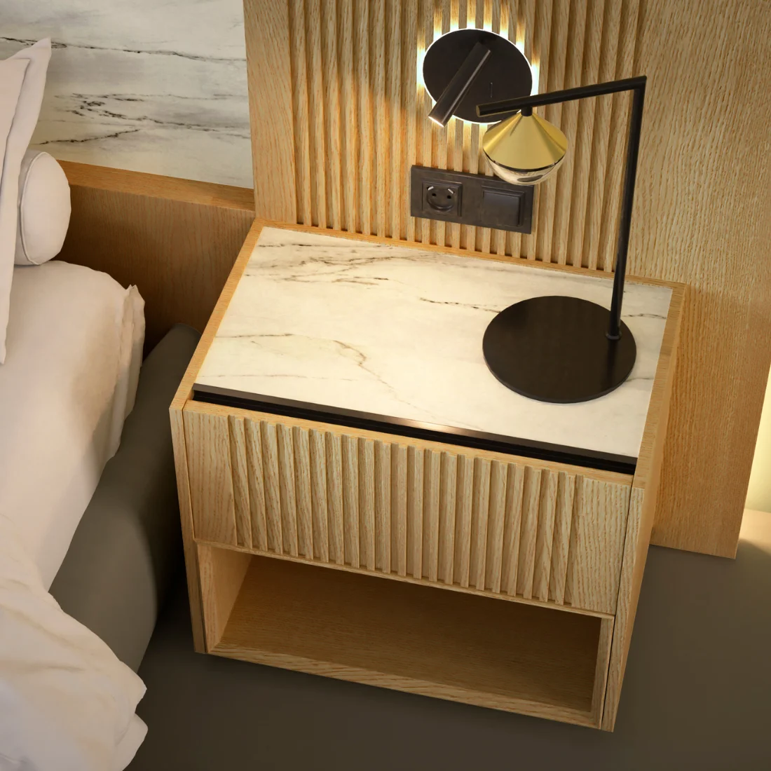 Modern kitchen counter with coffee making supplies.