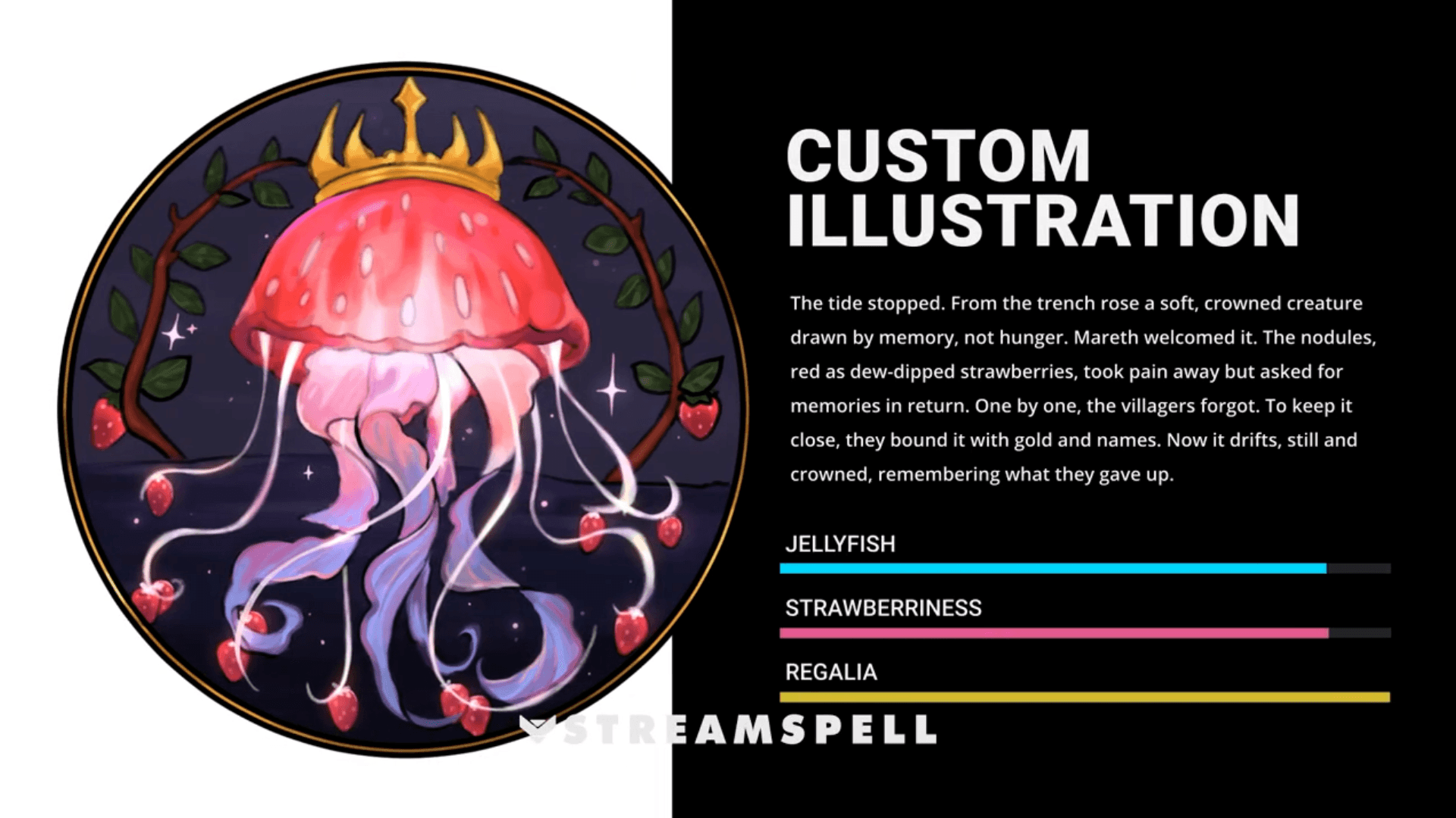 Strawberry Seaking crowned jellyfish logo and Mareth lore presentation