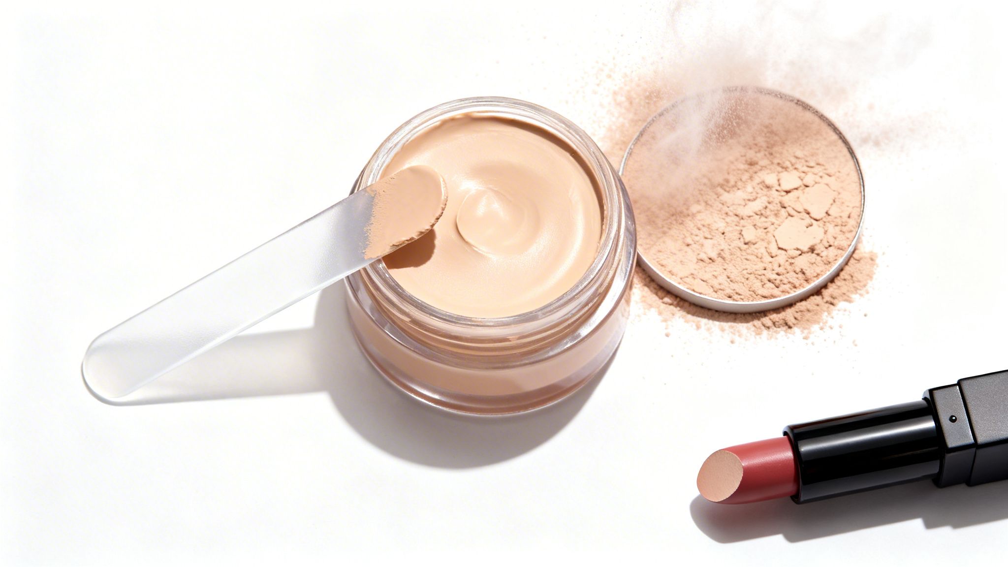 A jar of foundation, a spatula, loose powder, and a lipstick are displayed on a white surface.