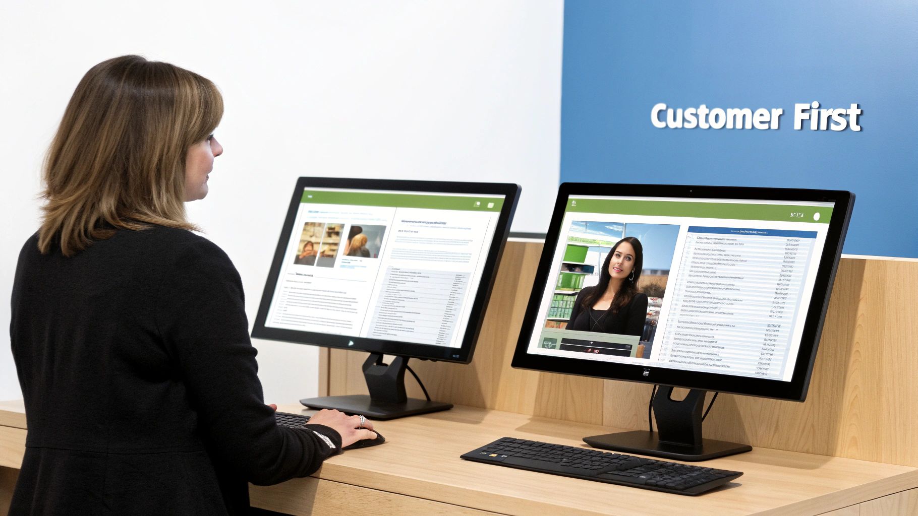 Woman at a desk viewing two computer monitors, one displaying a video call and the other data.