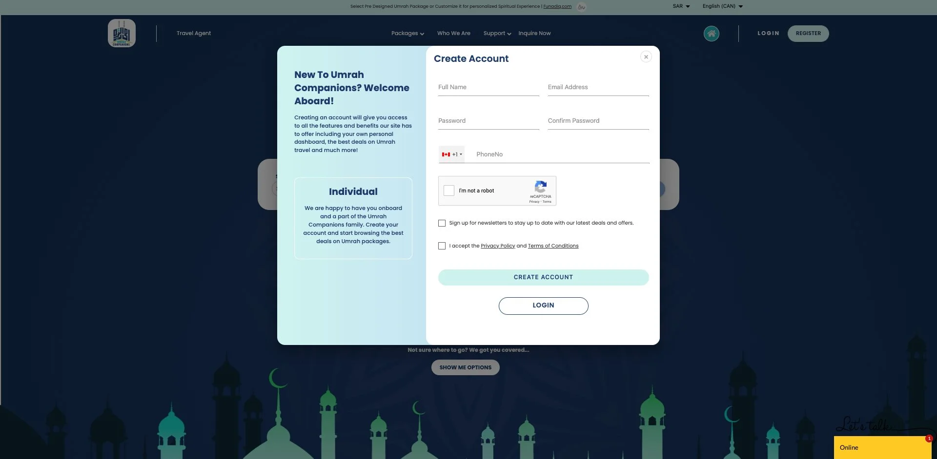 Custom Umrah travel agency Register Details Page Page designed by Dreams Agency, Mississauga, Ontario.