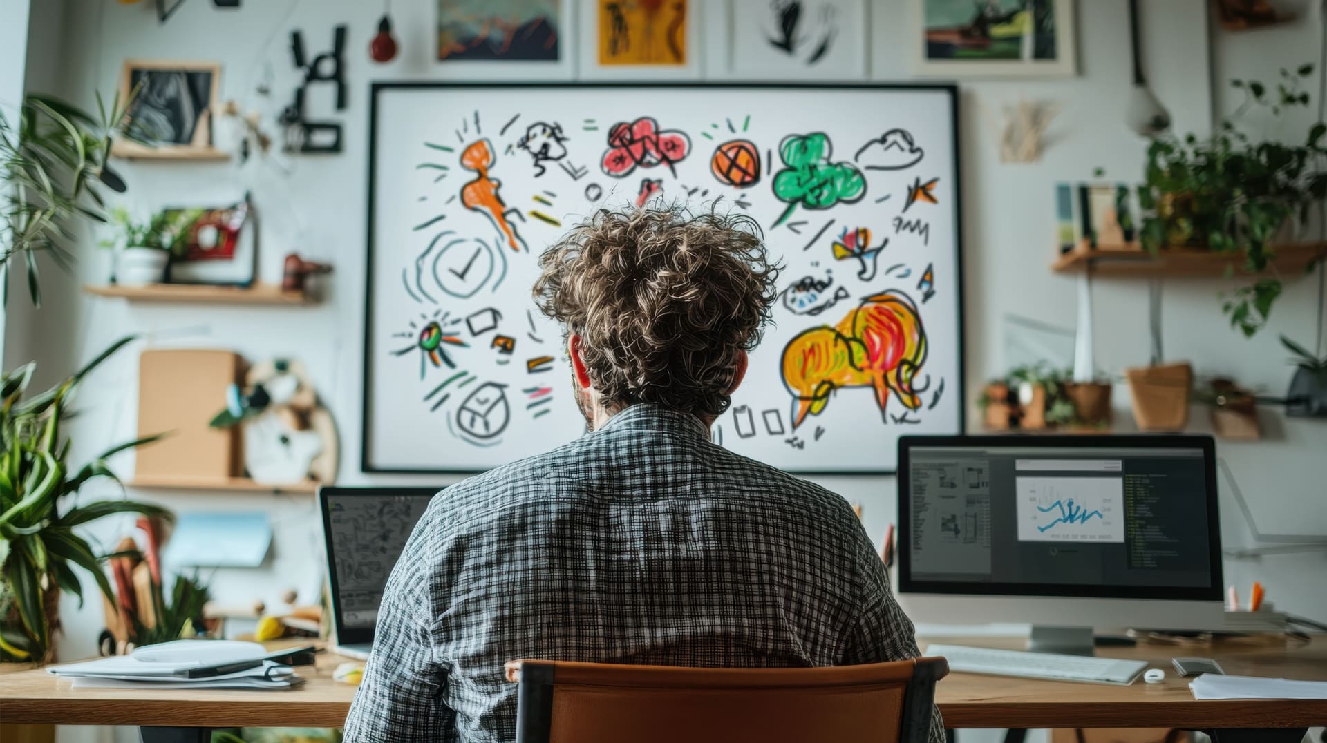 Young male designer working in a creative office with artistic sketches modern decor and lush green plants