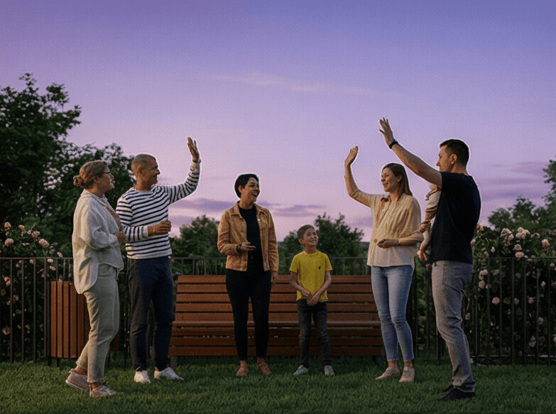 Eine glückliche Familie genießt den Nachmittag im privaten Gartenanteil ihrer Eigentumswohnung in Remshalden. Kinder spielen auf dem Rasen, während die Eltern auf der Terrasse mit Blick auf die moderne Klinkerfassade entspannen.