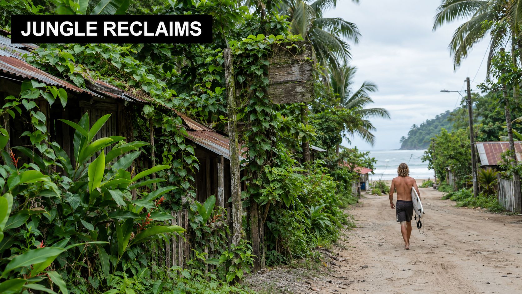 A shirtless surfer walking down a dusty dirt road toward the beach in Dominical, Costa Rica.
