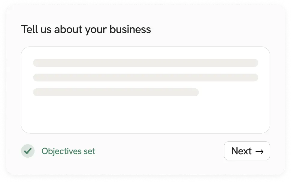 Personal onboarding form prompting users to describe their business, with objectives confirmed