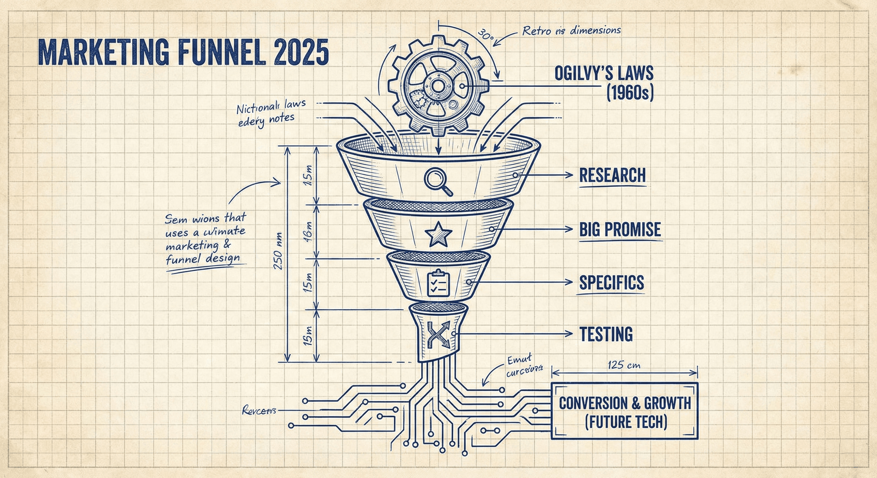 A diagram of a marketing funnel structure 2025 incorporating classic Ogilvy on advertising laws.