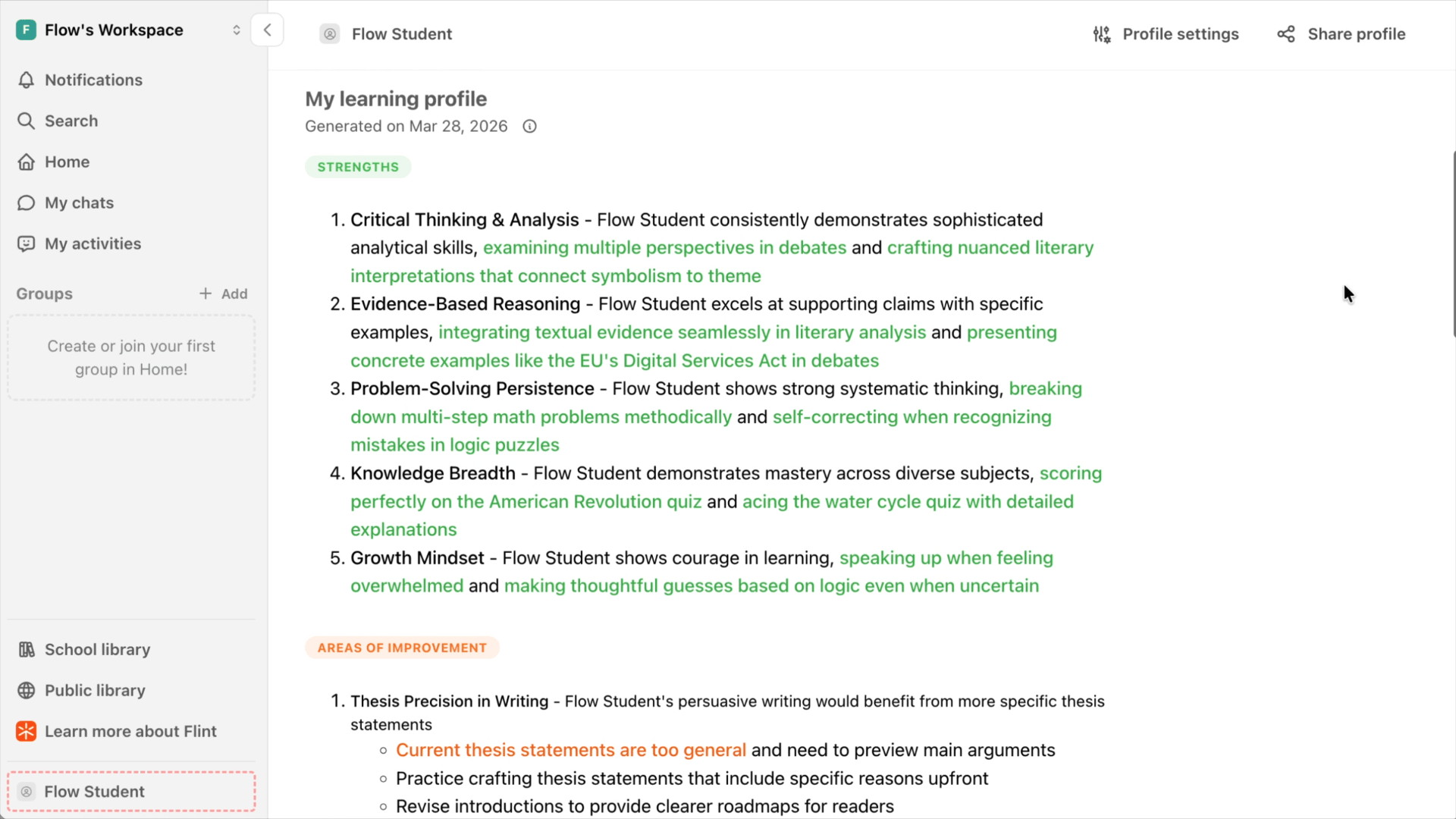 user profile learning reports