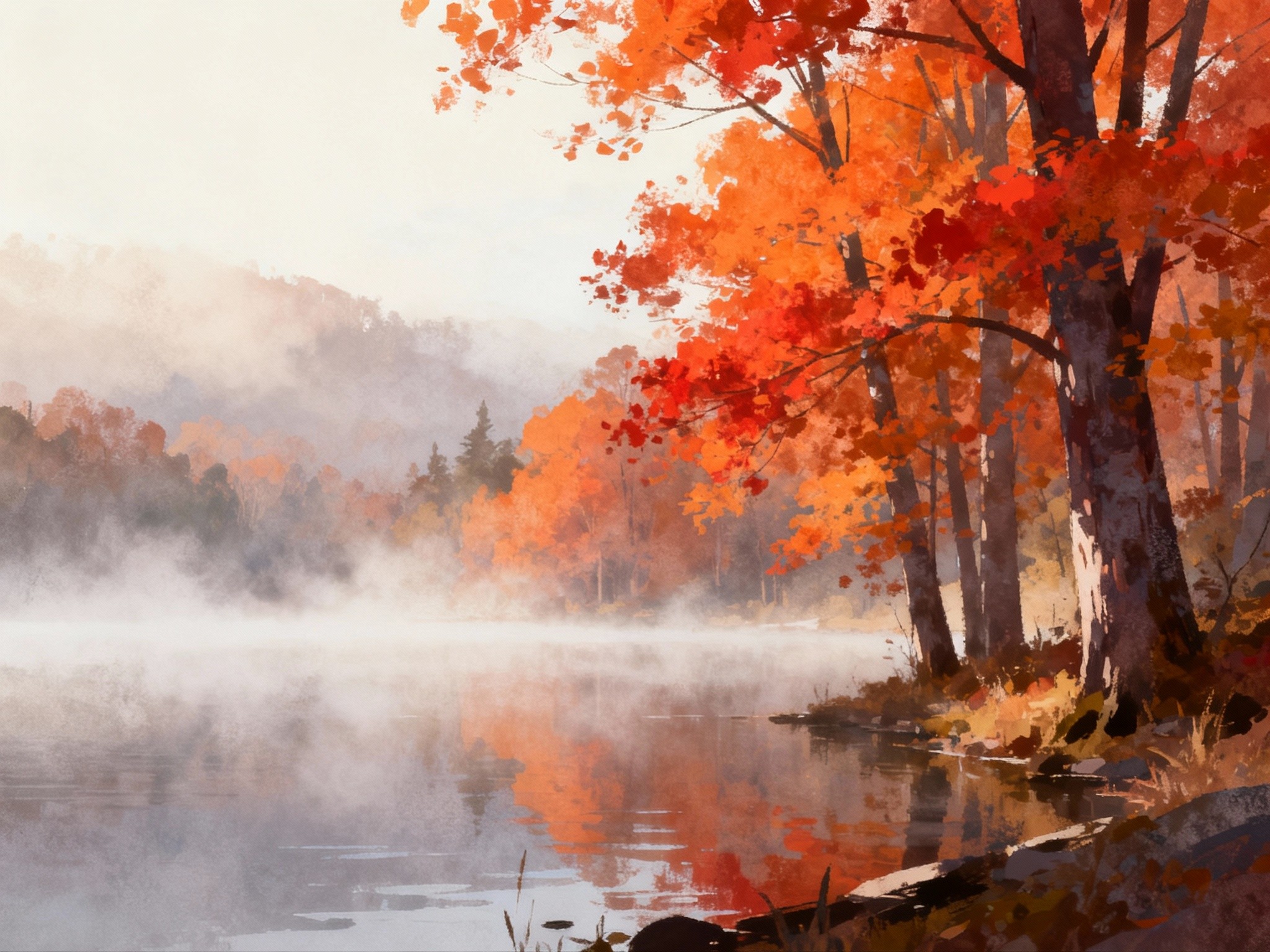 A serene wide landscape of a misty early morning lake surrounded by autumnal trees with vivid orange