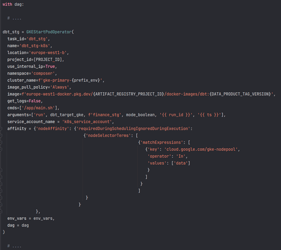Screenshot of a code snippet for a GKEStartPodOperator configuration in an Airflow DAG definition. It includes parameters such as task ID, project ID, location, and Docker image URL with placeholders for project and version IDs. It specifies a Kubernetes service account, node affinity with a cloud node pool, and environmental variables