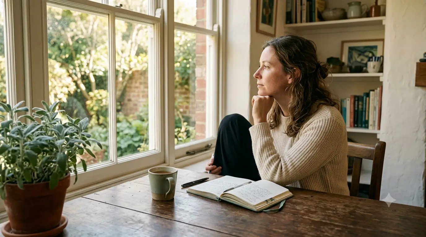 A woman sitting quietly by a sunlit window with a cup of tea and an open notebook, pausing mid-thought.