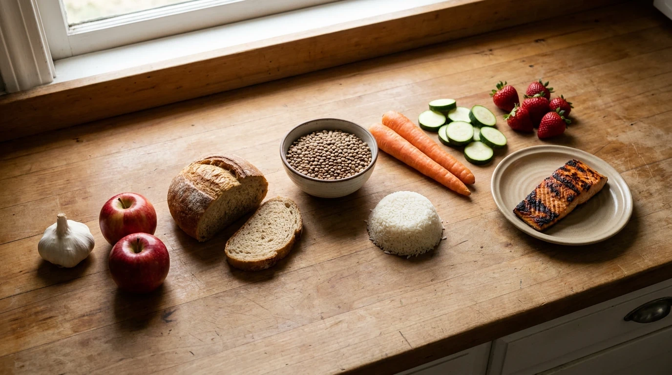 Assortment of foods commonly discussed in FODMAP eating, including apples, garlic, bread, rice, vegetables, berries, and salmon on a kitchen counter.