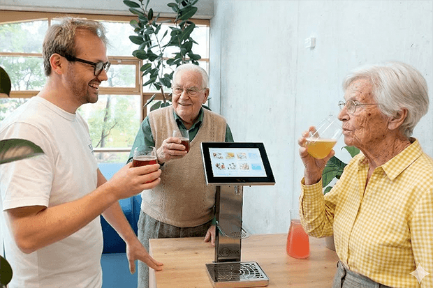 Senioren trinken gemeinsam Re:Drink Getränke – mehr Wohlbefinden durch automatisierte Getränkeversorgung in der Pflege.