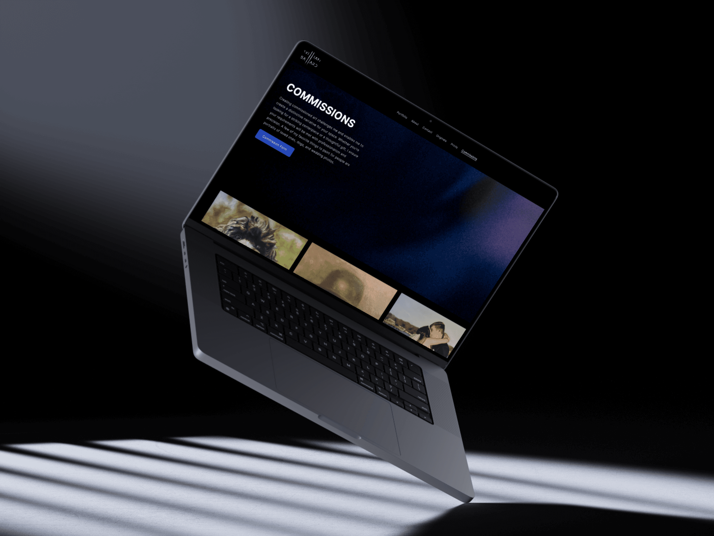 A laptop mockup of the commissions page on William Ballard Art